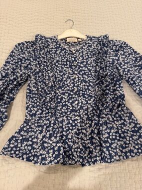 Navy Floral Ruffle Button-Up Blouse